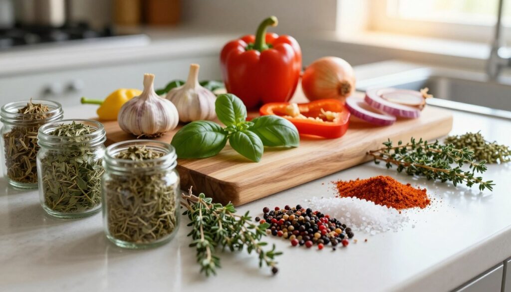A beautifully arranged selection of pizza spices and herbs, displaying a variety of vibrant ingredients. In the foreground, showcase an array of dried herbs such as oregano, basil, and thyme in small glass jars, alongside colorful pepper flakes and coarse sea salt. In the middle, a wooden chopping board featuring fresh vegetables like garlic, bell peppers, and onions, artistically laid out for a rustic feel. The background is a softly blurred kitchen countertop, illuminated by warm, natural light pouring in from a window, creating a cozy atmosphere. The camera angle is slightly overhead, capturing the intricate textures and colors of the spices, evoking a sense of culinary creativity and inspiration for pizza-making.