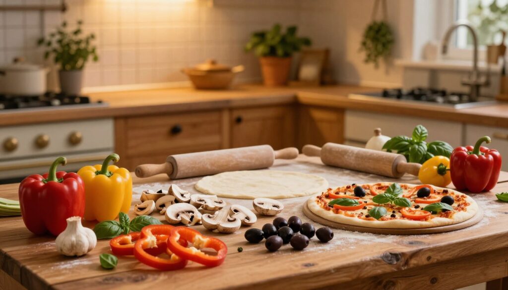 A beautifully arranged selection of pizza toppings displayed on a rustic wooden table. In the foreground, colorful ingredients like sliced bell peppers, mushrooms, olives, and fresh basil create a vibrant tapestry of colors. The middle ground features a rolling pin and unbaked pizza dough, hinting at the cooking process. In the background, a warm, inviting kitchen with soft golden lighting glows, showcasing wooden cabinets and herbs hanging in pots. The atmosphere is cozy and homely, evoking the comfort of home-cooked meals. The scene is viewed from a slightly elevated angle, capturing the essence of preparing a pizza, focusing on the art of combining ingredients to create the perfect dish. A beautifully arranged selection of pizza toppings displayed on a rustic wooden table. In the foreground, colorful ingredients like sliced bell peppers, mushrooms, olives, and fresh basil create a vibrant tapestry of colors. The middle ground features a rolling pin and unbaked pizza dough, hinting at the cooking process. In the background, a warm, inviting kitchen with soft golden lighting glows, showcasing wooden cabinets and herbs hanging in pots. The atmosphere is cozy and homely, evoking the comfort of home-cooked meals. The scene is viewed from a slightly elevated angle, capturing the essence of preparing a pizza, focusing on the art of combining ingredients to create the perfect dish.