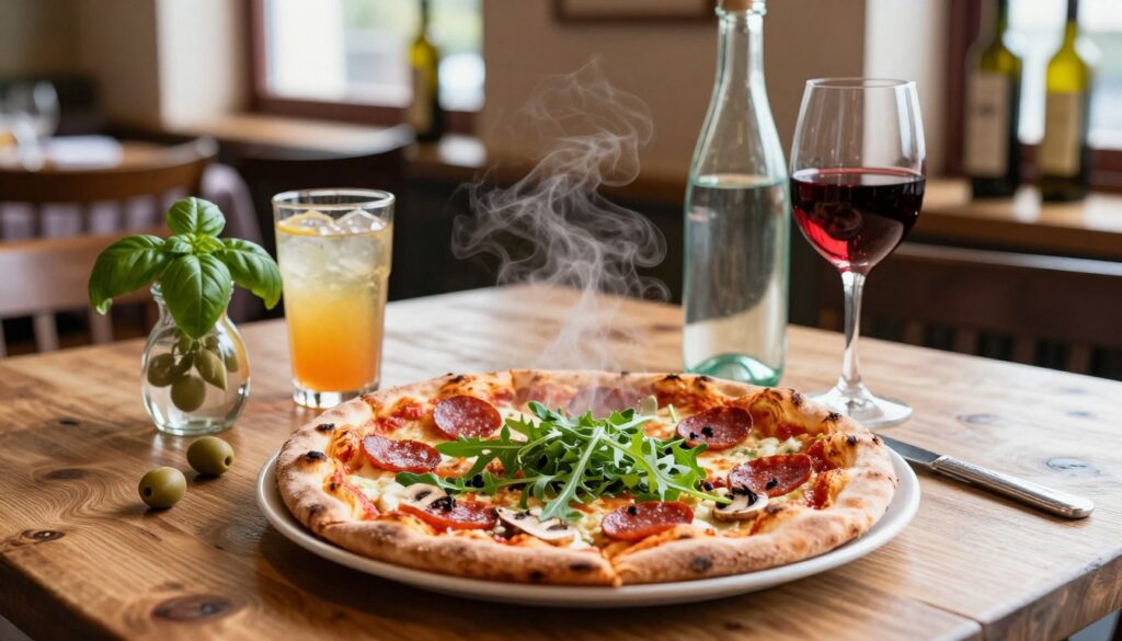 A beautifully arranged table featuring a freshly baked, steaming pizza with a variety of toppings, such as pepperoni, mushrooms, and arugula, placed prominently in the foreground. Next to the pizza, include colorful beverage options like a glass of refreshing Italian soda, a chilled bottle of sparkling water, and a classic glass of red wine. In the middle ground, a rustic wooden tablecloth enhances the Italian dining experience, with a small vase of fresh basil and a few olives scattered around. In the background, softly lit by warm, natural lighting from a nearby window, there are hints of an Italian trattoria ambiance with blurred bottles of olive oil and balsamic vinegar. The overall mood is inviting and cozy, perfect for a casual meal sharing with friends or family.