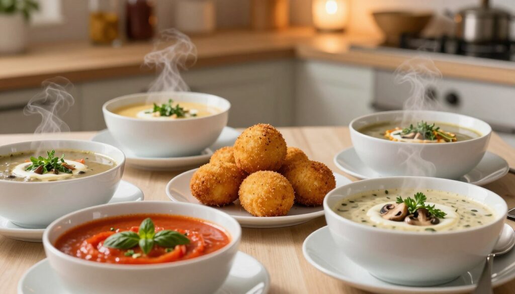 A beautifully arranged table featuring a variety of exquisite soups that pair perfectly with crisp croquettes. In the foreground, there are several elegant bowls of vibrant, steaming soups, such as a rich tomato basil bisque, a creamy mushroom velouté, and a rustic vegetable broth, each garnished with fresh herbs and a hint of cream. In the middle, freshly golden croquettes sit on a white porcelain plate, showcasing their flaky texture. The background includes a softly blurred kitchen scene with wooden shelves displaying spices and ingredients, illuminated by warm, inviting lighting. The overall mood is cozy and inviting, perfect for a comforting meal, with a depth of field that draws attention to the soups and croquettes.