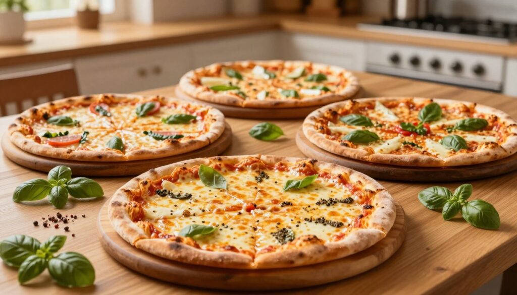 A beautifully arranged table showcasing a 30 cm pizza, glistening with golden cheese and vibrant toppings, prominently placed in the foreground. To the side, compare this with a 20 cm, 32 cm, and 40 cm pizza, each distinct in size and toppings, creating an engaging visual contrast. The pizzas are arranged artistically on rustic wooden boards, with fresh basil leaves and spices scattered around, hinting at an Italian culinary theme. The background features a softly lit kitchen setting, with warm, inviting colors and subtle kitchenware just out of focus to enhance the coziness. The lens should capture a slightly elevated angle, drawing the viewer’s attention to the pizzas while creating depth. The mood is warm, welcoming, and appetizing, perfect for a food article illustration.