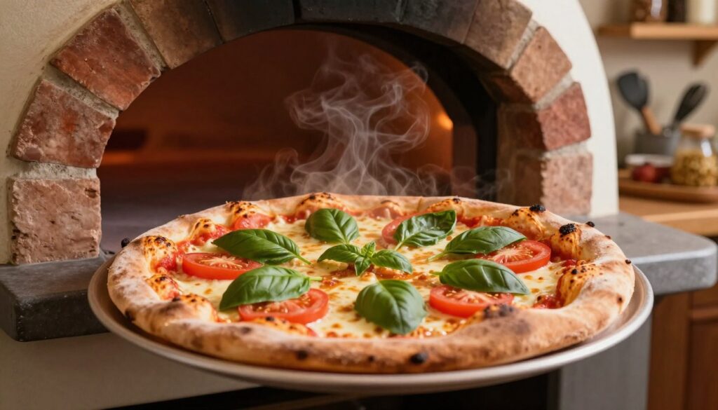 A beautifully baked pizza emerging from a traditional wood-fired oven, set at a temperature of 250°C. In the foreground, the pizza showcases a crisp, golden-brown crust with bubbling, lightly charred edges. Fresh basil leaves and vibrant tomato slices add color and freshness. In the middle ground, the oven’s rustic bricks are visible, glowing slightly from the heat, creating a warm ambiance. Soft light illuminates the pizza, highlighting its cheese melting and steam rising in the air, enhancing the appetizing atmosphere. The background hints at a cozy kitchen environment with wooden shelves, spices, and utensils, evoking a sense of home cooking. The composition should convey a warm, inviting mood, perfect for illustrating the ideal pizza baking temperature.