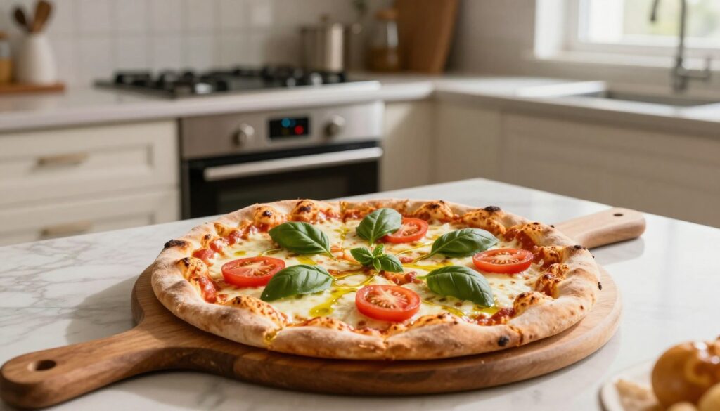 A beautifully baked pizza resting on a wooden pizza peel, with a perfectly golden crust and bubbling mozzarella cheese, sits in the foreground. The pizza has vibrant toppings such as fresh basil, sliced tomatoes, and a drizzle of olive oil. In the middle ground, a home kitchen is visible, with an oven displaying the temperature settings and a timer set for precise baking. The background reveals a cozy, well-lit kitchen with warm tones, emphasizing a homey atmosphere. Soft, natural lighting streams in from a nearby window, casting gentle shadows and highlighting the textures of the pizza and counters. The overall mood is inviting and professional, showcasing the importance of proper baking techniques for achieving a flawless pizza crust without a soggy bottom. A beautifully baked pizza resting on a wooden pizza peel, with a perfectly golden crust and bubbling mozzarella cheese, sits in the foreground. The pizza has vibrant toppings such as fresh basil, sliced tomatoes, and a drizzle of olive oil. In the middle ground, a home kitchen is visible, with an oven displaying the temperature settings and a timer set for precise baking. The background reveals a cozy, well-lit kitchen with warm tones, emphasizing a homey atmosphere. Soft, natural lighting streams in from a nearby window, casting gentle shadows and highlighting the textures of the pizza and counters. The overall mood is inviting and professional, showcasing the importance of proper baking techniques for achieving a flawless pizza crust without a soggy bottom.