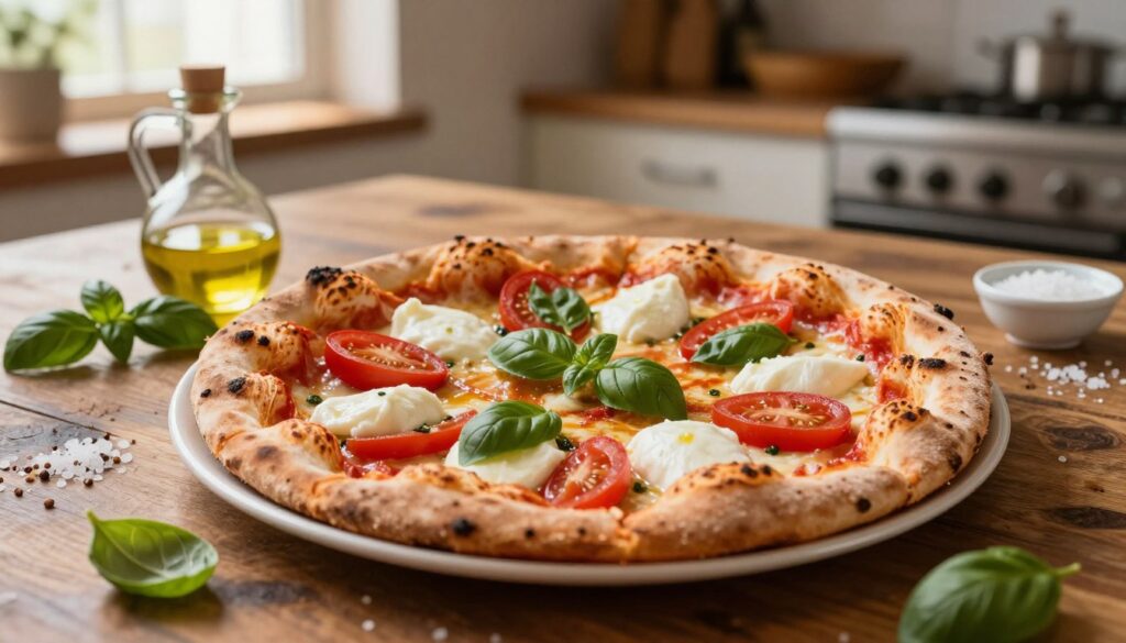 A beautifully composed image of a classic Neapolitan pizza, artistically displayed on a rustic wooden table. The pizza, topped with rich, vibrant red tomatoes, fresh green basil, and creamy white mozzarella, is the focal point in the foreground. Surrounding the pizza are various ingredients, such as a small bowl of olive oil, a handful of basil leaves, and grains of sea salt, representing the diverse factors that influence its caloric content. In the background, softly blurred, a warm and inviting kitchen ambiance, with sunlight streaming through a window, creates a cozy atmosphere. The lighting should evoke a feeling of warmth, with a focus on the pizza's textures and colors, captured from a slightly overhead angle. This image conveys the essence of a delicious yet calorie-conscious Neapolitan pizza.