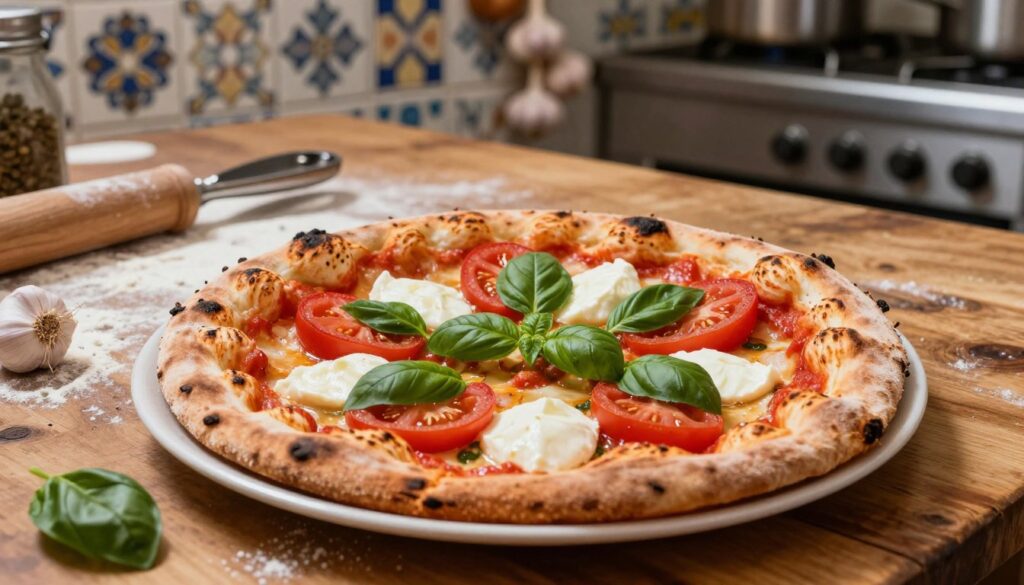 A beautifully crafted Neapolitan pizza sits prominently in the foreground, showcasing its soft, chewy crust with a slight char and a golden hue. The pizza is topped with vibrant, ripe tomatoes, fresh mozzarella, and fragrant basil, all glistening under soft, natural lighting that enhances the freshness of the ingredients. In the middle ground, a rustic wooden table adds warmth, with flour and scattered pizza-making tools hinting at the preparation process. The background features a cozy Italian kitchen with traditional ceramic tiles and hanging garlic, evoking an inviting atmosphere. The composition captures the essence of authentic Neapolitan pizza, emphasizing the quality of ingredients and artisanal craftsmanship, inviting viewers to indulge in its deliciousness.