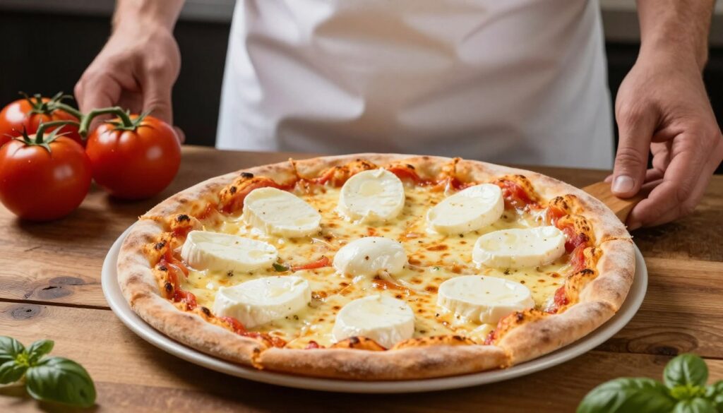 A beautifully crafted cheese pizza, topped with slices of fresh mozzarella, is the focal point of the image. The pizza is placed on a rustic wooden table, with the mozzarella pieces visibly glistening, showing their creamy texture. In the background, a chef is preparing additional ingredients, dressed in a neat white apron and offering a glimpse of vibrant, fresh tomatoes and basil. Soft, warm lighting illuminates the scene, casting gentle shadows and enhancing the appetizing colors of the pizza. The angle is slightly overhead, allowing for a clear view of the mozzarella placement on the pizza to highlight how to use it effectively without making the pizza watery. The mood is inviting and warm, showcasing the art of pizza preparation in a cozy kitchen setting. A beautifully crafted cheese pizza, topped with slices of fresh mozzarella, is the focal point of the image. The pizza is placed on a rustic wooden table, with the mozzarella pieces visibly glistening, showing their creamy texture. In the background, a chef is preparing additional ingredients, dressed in a neat white apron and offering a glimpse of vibrant, fresh tomatoes and basil. Soft, warm lighting illuminates the scene, casting gentle shadows and enhancing the appetizing colors of the pizza. The angle is slightly overhead, allowing for a clear view of the mozzarella placement on the pizza to highlight how to use it effectively without making the pizza watery. The mood is inviting and warm, showcasing the art of pizza preparation in a cozy kitchen setting.