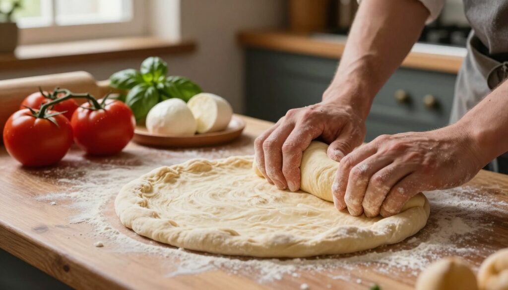 A beautifully crafted pizza dough in the foreground, showcasing a smooth, golden-brown texture, lightly dusted with flour. The scene captures the moment of kneading, with hands skillfully working the dough, showcasing the artistry of making pizza. In the middle ground, an array of fresh ingredients is displayed: vibrant red tomatoes, rich green basil, and creamy mozzarella. The background features a rustic kitchen with wooden countertops and soft, warm lighting filtering through a window, creating a cozy atmosphere. The camera angle is slightly elevated, providing a dynamic perspective on the ingredients and the process. The overall mood is inviting and warm, evoking the charm of homemade pizza-making reminiscent of a professional pizzeria.