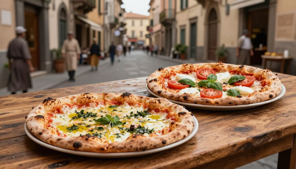 A beautifully crafted scene showcasing the evolution of pizza through history. In the foreground, a rustic wooden table displays an ancient flatbread, topped with simple herbs and olive oil, representing its ancient origins. In the middle ground, a traditional Neapolitan-style pizza emerges, with vibrant, fresh toppings like tomatoes, mozzarella, and basil, symbolizing the 18th-century pizza. The background features a bustling Neapolitan street from the 1700s, with charming buildings and people in modest attire, capturing the atmosphere of the time. Soft, warm lighting illuminates the scene, creating a nostalgic, inviting vibe, while a shallow depth of field focuses on the pizzas, enhancing the vivid details of their texture and colors. A beautifully crafted scene showcasing the evolution of pizza through history. In the foreground, a rustic wooden table displays an ancient flatbread, topped with simple herbs and olive oil, representing its ancient origins. In the middle ground, a traditional Neapolitan-style pizza emerges, with vibrant, fresh toppings like tomatoes, mozzarella, and basil, symbolizing the 18th-century pizza. The background features a bustling Neapolitan street from the 1700s, with charming buildings and people in modest attire, capturing the atmosphere of the time. Soft, warm lighting illuminates the scene, creating a nostalgic, inviting vibe, while a shallow depth of field focuses on the pizzas, enhancing the vivid details of their texture and colors.