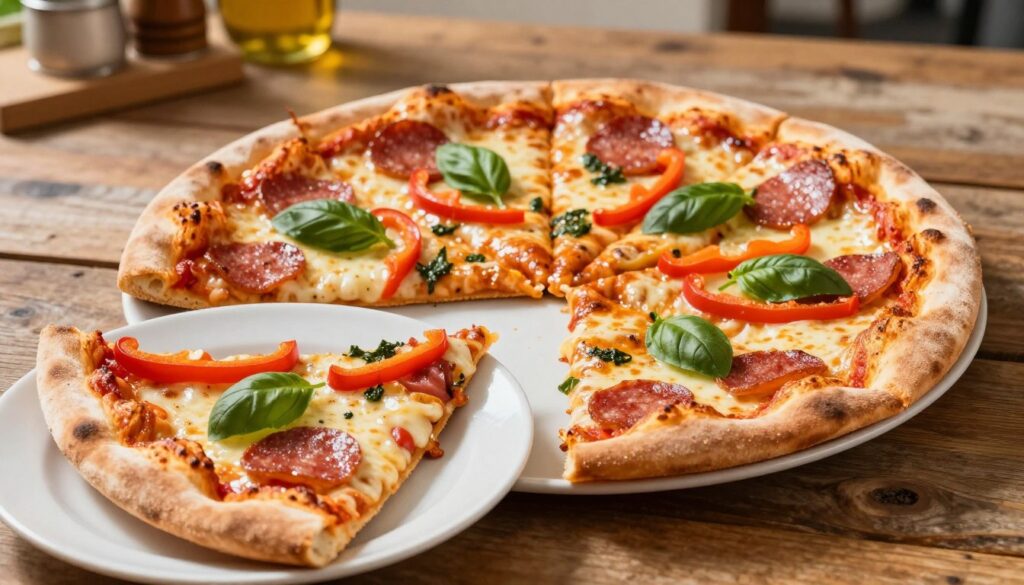 A beautifully presented 32 cm pizza, cut into eight precise, equal triangular slices, set against a rustic wooden table backdrop. The pizza is topped with vibrant ingredients like melted cheese, pepperoni, bell peppers, and fresh basil leaves, glistening under soft, natural lighting that creates inviting shadows. In the foreground, a few pizza slices are artistically arranged on a white plate, showcasing the generous toppings. In the middle ground, a close-up view highlights the texture of the crust and toppings, while the background features blurred details of a cozy kitchen setting with warm tones. The atmosphere exudes a sense of comfort and indulgence, perfect for sharing among family or friends, illustrating the concept of portion sizes in a delightful way. A beautifully presented 32 cm pizza, cut into eight precise, equal triangular slices, set against a rustic wooden table backdrop. The pizza is topped with vibrant ingredients like melted cheese, pepperoni, bell peppers, and fresh basil leaves, glistening under soft, natural lighting that creates inviting shadows. In the foreground, a few pizza slices are artistically arranged on a white plate, showcasing the generous toppings. In the middle ground, a close-up view highlights the texture of the crust and toppings, while the background features blurred details of a cozy kitchen setting with warm tones. The atmosphere exudes a sense of comfort and indulgence, perfect for sharing among family or friends, illustrating the concept of portion sizes in a delightful way.