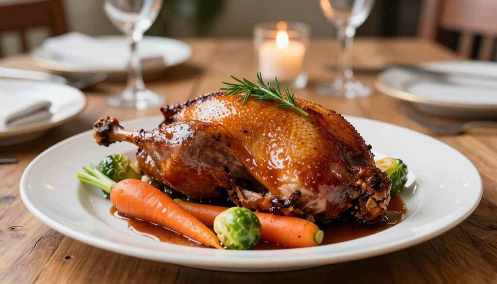 A beautifully roasted duck served on an elegant white plate, showcasing its crispy golden skin, garnished with fresh herbs and vibrant seasonal vegetables like carrots and Brussels sprouts. In the foreground, the succulent duck glistens with a rich, glossy sauce, reflecting warm candlelight. In the background, a rustic wooden dining table is adorned with charming tableware, lightly blurred to emphasize the dish. Soft, natural lighting creates a warm and inviting atmosphere, evoking a sense of comfort and gourmet dining. The camera angle is slightly elevated, allowing for a captivating view of the duck and its accompaniments, enticing the viewer to appreciate the culinary art of pairing with sauces beyond traditional sides. A beautifully roasted duck served on an elegant white plate, showcasing its crispy golden skin, garnished with fresh herbs and vibrant seasonal vegetables like carrots and Brussels sprouts. In the foreground, the succulent duck glistens with a rich, glossy sauce, reflecting warm candlelight. In the background, a rustic wooden dining table is adorned with charming tableware, lightly blurred to emphasize the dish. Soft, natural lighting creates a warm and inviting atmosphere, evoking a sense of comfort and gourmet dining. The camera angle is slightly elevated, allowing for a captivating view of the duck and its accompaniments, enticing the viewer to appreciate the culinary art of pairing with sauces beyond traditional sides.