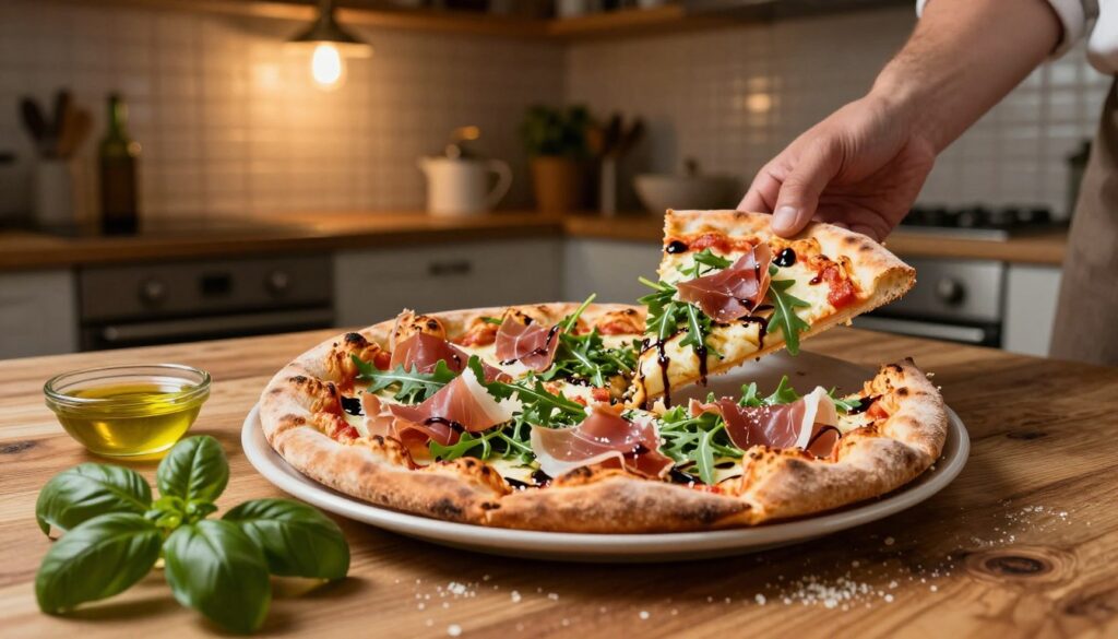 A beautifully styled gourmet pizza placed on a rustic wooden table in a cozy kitchen setting. The pizza features an array of gourmet toppings like arugula, prosciutto, and drizzled balsamic glaze, with a golden, evenly baked crust. In the foreground, a fresh basil plant and a small dish of olive oil enhance the culinary ambiance. The middle ground showcases the pizza artistically cut into slices, with a subtle sprinkle of parmesan cheese. In the background, soft ambient lighting emanates from a hanging pendant light, creating a warm and inviting atmosphere. The scene captures the essence of a home-cooked gourmet experience, should inviting Italian decor surround the kitchen, hinting at a premium cooking vibe. A beautifully styled gourmet pizza placed on a rustic wooden table in a cozy kitchen setting. The pizza features an array of gourmet toppings like arugula, prosciutto, and drizzled balsamic glaze, with a golden, evenly baked crust. In the foreground, a fresh basil plant and a small dish of olive oil enhance the culinary ambiance. The middle ground showcases the pizza artistically cut into slices, with a subtle sprinkle of parmesan cheese. In the background, soft ambient lighting emanates from a hanging pendant light, creating a warm and inviting atmosphere. The scene captures the essence of a home-cooked gourmet experience, should inviting Italian decor surround the kitchen, hinting at a premium cooking vibe.