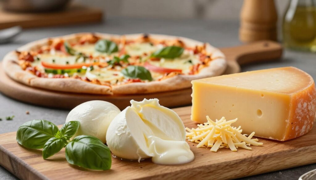A beautifully styled pizza preparation scene featuring two different types of cheese: fresh mozzarella and semi-hard yellow cheese, displayed side by side on a rustic wooden board. The foreground shows a close-up of gooey mozzarella, with a rich, creamy texture and fresh basil leaves nearby, while the yellow cheese is shown in grated form, suggesting versatility. In the middle background, a partially baked pizza is placed on a wooden peel, ready to be topped with sauce and vegetables. Soft, warm lighting illuminates the scene, creating a cozy and inviting atmosphere. The background features a blurred kitchen setting with traditional Italian cooking tools subtly visible, enhancing the culinary theme. The color palette is vibrant, focusing on the yellows, whites, and greens, evoking a fresh and appetizing feel. A beautifully styled pizza preparation scene featuring two different types of cheese: fresh mozzarella and semi-hard yellow cheese, displayed side by side on a rustic wooden board. The foreground shows a close-up of gooey mozzarella, with a rich, creamy texture and fresh basil leaves nearby, while the yellow cheese is shown in grated form, suggesting versatility. In the middle background, a partially baked pizza is placed on a wooden peel, ready to be topped with sauce and vegetables. Soft, warm lighting illuminates the scene, creating a cozy and inviting atmosphere. The background features a blurred kitchen setting with traditional Italian cooking tools subtly visible, enhancing the culinary theme. The color palette is vibrant, focusing on the yellows, whites, and greens, evoking a fresh and appetizing feel.