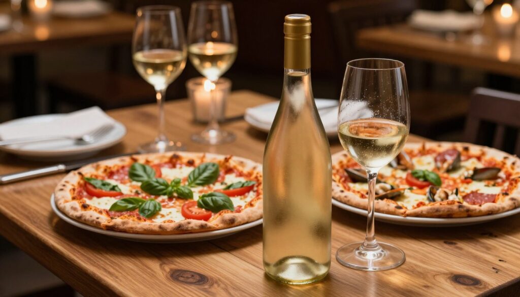 A bottle of elegant white wine placed on a rustic wooden table, its light golden hue reflecting soft candlelight. Surrounding the bottle are delicate wine glasses filled with the same wine, with a hint of condensation indicating its coolness. In the background, a beautifully arranged pizza Margherita, topped with fresh basil and vibrant tomatoes, alongside a pepperoni pizza and a seafood pizza, set against an inviting Italian bistro ambiance. Warm, ambient lighting enhances the scene, creating a cozy, inviting atmosphere. The focus is sharp on the wine and pizzas in the foreground, with gentle bokeh in the background to emphasize the culinary delights, evoking a relaxed and enjoyable dining experience.