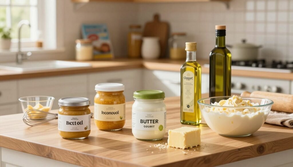 A bright, inviting kitchen scene centered around a wooden countertop. In the foreground, a variety of butter substitutes are displayed artistically: jars of coconut oil, applesauce, Greek yogurt, and olive oil, portrayed in vibrant, natural colors. A mixing bowl filled with batter sits nearby, showcasing its creamy texture, hinting at the baking process. In the middle ground, kitchen tools like measuring cups and a whisk are scattered, emphasizing an active baking environment. The background features soft-focused shelves lined with baking ingredients and cookbooks, softly lit by warm, natural sunlight streaming through a window. The atmosphere is cozy and encouraging, perfect for inspiring bakers to explore alternatives to butter in their recipes.