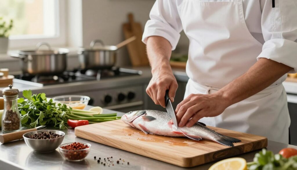 A bustling kitchen scene focused on the preparation of a fish known as "babka." In the foreground, a skilled chef, dressed in a crisp white apron and modest casual clothing, is carefully cleaning the fish, showcasing precise knife skills. The chef’s hands are focused on the fish, demonstrating ideal techniques for gutting and filleting. In the middle ground, a wooden cutting board is cluttered with fresh herbs, spices, and kitchen utensils, indicating the next steps in the cooking process. The background features pots simmering on a stove and a window allowing warm, natural light to illuminate the workspace, creating an inviting and professional atmosphere. Emphasize the textures of the fish and the vibrant colors of the ingredients, capturing a sense of culinary artistry and preparation.