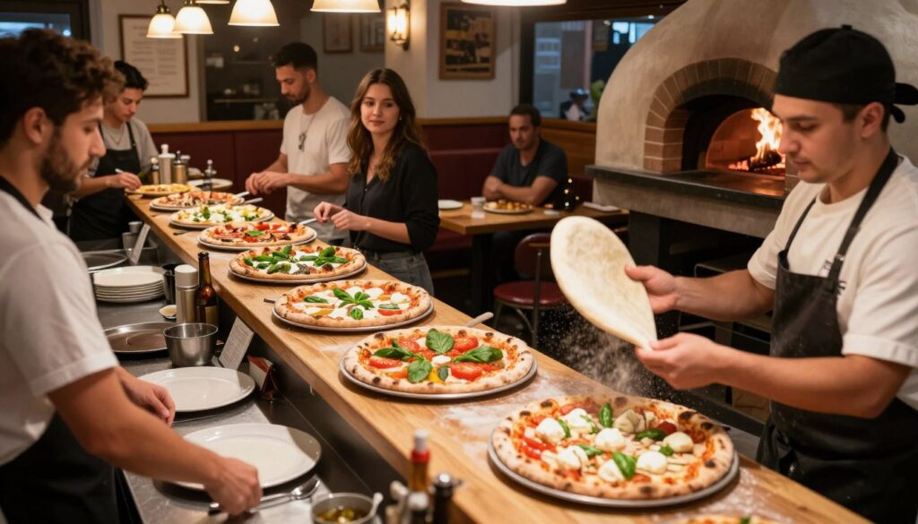 A bustling pizzeria interior in Poland, showcasing a vibrant atmosphere filled with delicious pizza-making activity. In the foreground, a chef expertly tosses pizza dough in mid-air, capturing the essence of preparation. In the middle, a wooden counter displays a variety of freshly made pizzas topped with colorful ingredients like basil, tomatoes, and mozzarella. Customers of diverse backgrounds, dressed in casual yet neat clothing, eagerly await their orders, showcasing the popularity of the establishment. The background features cozy seating, a brick oven with flames visible, and warm, ambient lighting that creates an inviting mood. The angle is slightly from above, providing a dynamic perspective of the bustling scene. The image evokes a sense of community and the joy of sharing good food. A bustling pizzeria interior in Poland, showcasing a vibrant atmosphere filled with delicious pizza-making activity. In the foreground, a chef expertly tosses pizza dough in mid-air, capturing the essence of preparation. In the middle, a wooden counter displays a variety of freshly made pizzas topped with colorful ingredients like basil, tomatoes, and mozzarella. Customers of diverse backgrounds, dressed in casual yet neat clothing, eagerly await their orders, showcasing the popularity of the establishment. The background features cozy seating, a brick oven with flames visible, and warm, ambient lighting that creates an inviting mood. The angle is slightly from above, providing a dynamic perspective of the bustling scene. The image evokes a sense of community and the joy of sharing good food.