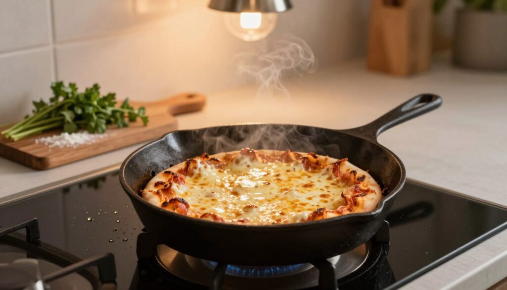 A cast iron skillet set on a modern stovetop, with a deliciously reheating pizza laying in the center, melted cheese glistening. Around the skillet, there are small droplets of water steaming, hinting at the 'water trick' method to enhance the cheese's stretchiness. The background features a cozy kitchen atmosphere, with soft, warm lighting coming from an overhead pendant light. A wooden cutting board with fresh herbs and a sprinkle of flour sits nearby, adding context to the cooking process. The scene is captured from a slightly elevated angle, focusing on the pizza in the skillet, with a shallow depth of field to blur the background slightly, evoking a warm, inviting mood that emphasizes home cooking and culinary creativity. A cast iron skillet set on a modern stovetop, with a deliciously reheating pizza laying in the center, melted cheese glistening. Around the skillet, there are small droplets of water steaming, hinting at the 'water trick' method to enhance the cheese's stretchiness. The background features a cozy kitchen atmosphere, with soft, warm lighting coming from an overhead pendant light. A wooden cutting board with fresh herbs and a sprinkle of flour sits nearby, adding context to the cooking process. The scene is captured from a slightly elevated angle, focusing on the pizza in the skillet, with a shallow depth of field to blur the background slightly, evoking a warm, inviting mood that emphasizes home cooking and culinary creativity.