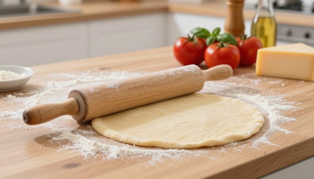 A clean, well-lit kitchen scene focused on a rolling pin (wałek) rolling out pizza dough on a wooden countertop. In the foreground, the rolling pin is positioned at an angle, with smooth, golden-brown dough spread out underneath, its edges perfectly round and thin. Flour dust lightly covers the countertop, glistening under bright overhead lights, adding a sense of freshness. In the middle ground, several ingredients are laid out neatly, such as fresh tomatoes, basil, and cheese, enhancing the pizza-making theme. The background includes softly blurred kitchen utensils and a warm, inviting atmosphere, suggesting a cheerful cooking environment. The image captures a sense of culinary art, with a focus on precision and technique.