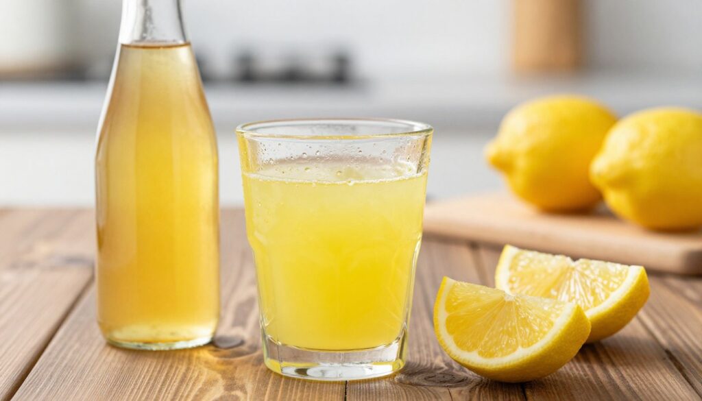 A clear and vibrant still-life composition featuring a bottle of vinegar and a glass of freshly squeezed lemon juice. In the foreground, the bottle, made of clear glass, catches the light, showcasing the rich golden hue of the vinegar. Next to it, a crystal-clear glass filled with bright yellow lemon juice, condensation visible on the outside, giving a refreshing feel. Lemon wedges are artfully placed nearby, their vibrant color contrasting with the darker wooden surface underneath. In the background, soft-focused kitchen elements like a chopping board and citrus fruits create a warm, inviting atmosphere. The lighting is bright, mimicking natural daylight, highlighting the freshness of the ingredients. The mood should be bright and cheerful, emphasizing healthy cooking alternatives.