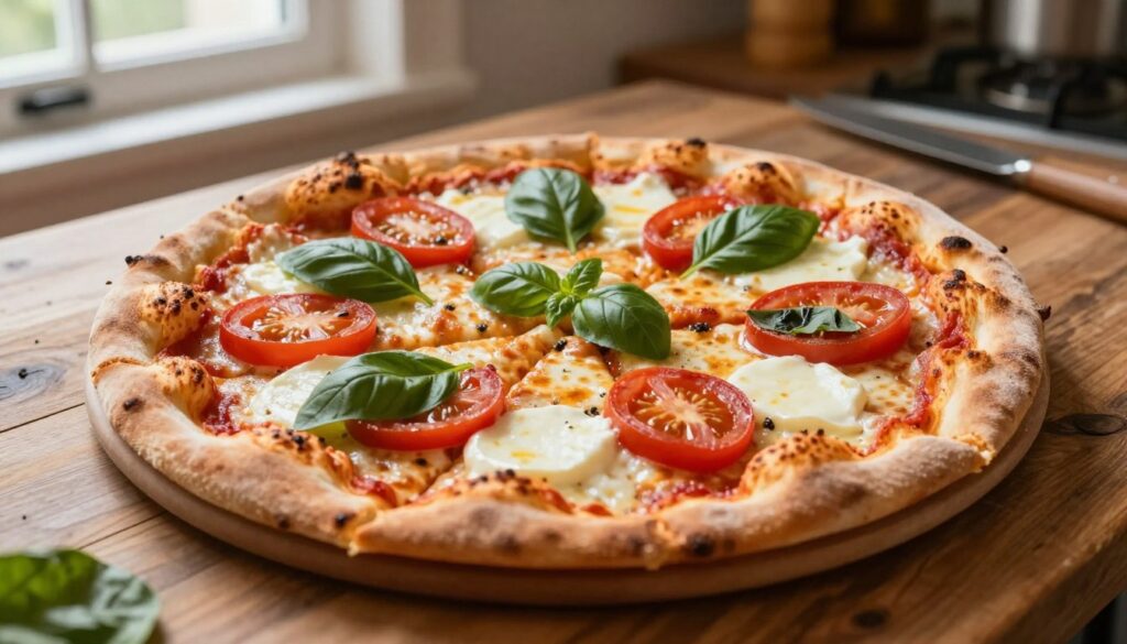 A close-up, appetizing perspective of a freshly baked pizza Guseppe, sliced into equal triangular pieces on a rustic wooden table. The pizza features a golden-brown crust, topped with vibrant red tomatoes, rich mozzarella cheese, and fragrant basil leaves, creating an inviting and delicious visual. The lighting is warm and natural, coming from a nearby window, casting soft shadows that enhance the textures of the ingredients. In the background, a cozy kitchen environment with subtle hints of cooking utensils and ingredients adds depth, evoking a welcoming culinary atmosphere. The composition should focus solely on the pizza, capturing its mouthwatering appeal, with no text or distractions in the frame. A close-up, appetizing perspective of a freshly baked pizza Guseppe, sliced into equal triangular pieces on a rustic wooden table. The pizza features a golden-brown crust, topped with vibrant red tomatoes, rich mozzarella cheese, and fragrant basil leaves, creating an inviting and delicious visual. The lighting is warm and natural, coming from a nearby window, casting soft shadows that enhance the textures of the ingredients. In the background, a cozy kitchen environment with subtle hints of cooking utensils and ingredients adds depth, evoking a welcoming culinary atmosphere. The composition should focus solely on the pizza, capturing its mouthwatering appeal, with no text or distractions in the frame.