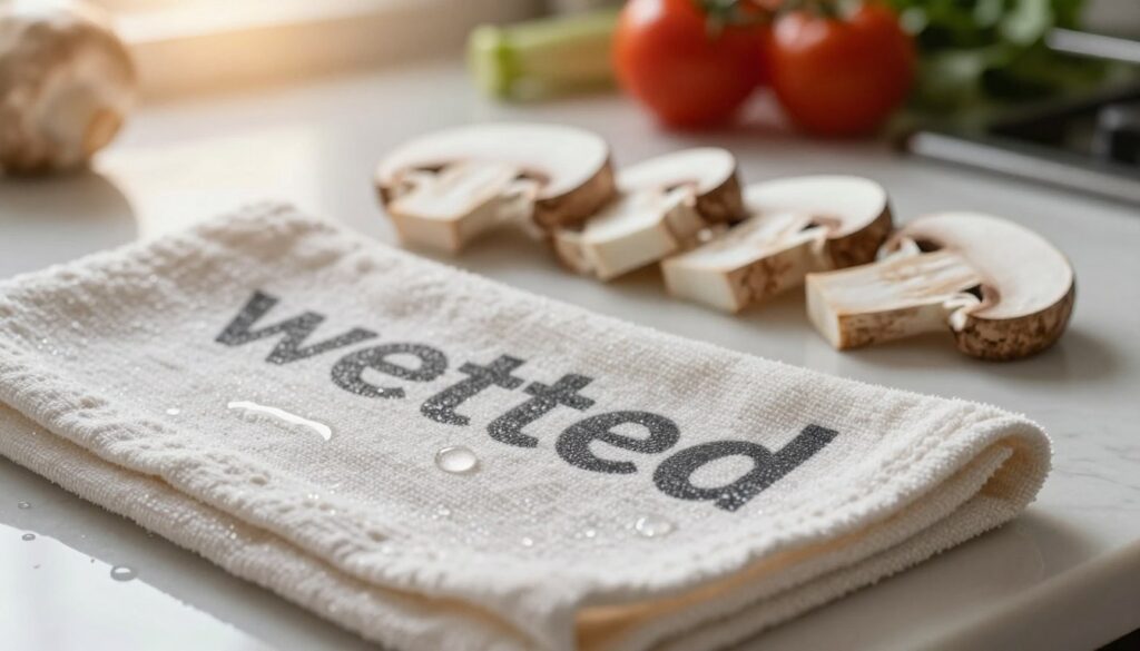 A close-up, high-resolution image of a textured, damp cloth—symbolizing a "wetted towel" used in kitchen preparation. The cloth is displayed in the foreground, with subtle water droplets glistening under soft, natural light. In the middle ground, there are freshly sliced white and brown mushrooms arranged artistically, showcasing their rich colors and textures, hinting at their use in pizza toppings. The background features a soft-focus kitchen countertop with vibrant vegetables, emphasizing a clean and organized preparation space. The overall mood is fresh and culinary, with a warm ambiance created by the soft lighting mimicking late afternoon sun, inviting the viewer into the kitchen scene.