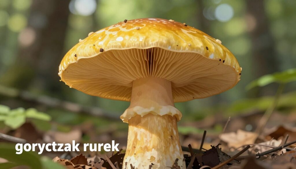 A close-up illustration of a "goryczak rurek" mushroom, meticulously showcasing its distinctive features. In the foreground, highlight the mushroom's cap with a richly colored, yellowish hue, detailed texture, and slight sheen, focusing on the unique pattern. Surround the cap with its tubular, spongy underside, displaying the rurek structure clearly. Include the stem, showcasing its robust form and coloration, with fine details like slight imperfections or growth patterns. In the middle ground, softly blurred foliage and forest floor debris add context, while the background features dappled sunlight filtering through tree leaves, enhancing the natural habitat. The overall mood is educational and serene, emphasizing nature's beauty while maintaining clarity in the mushroom's identification traits.