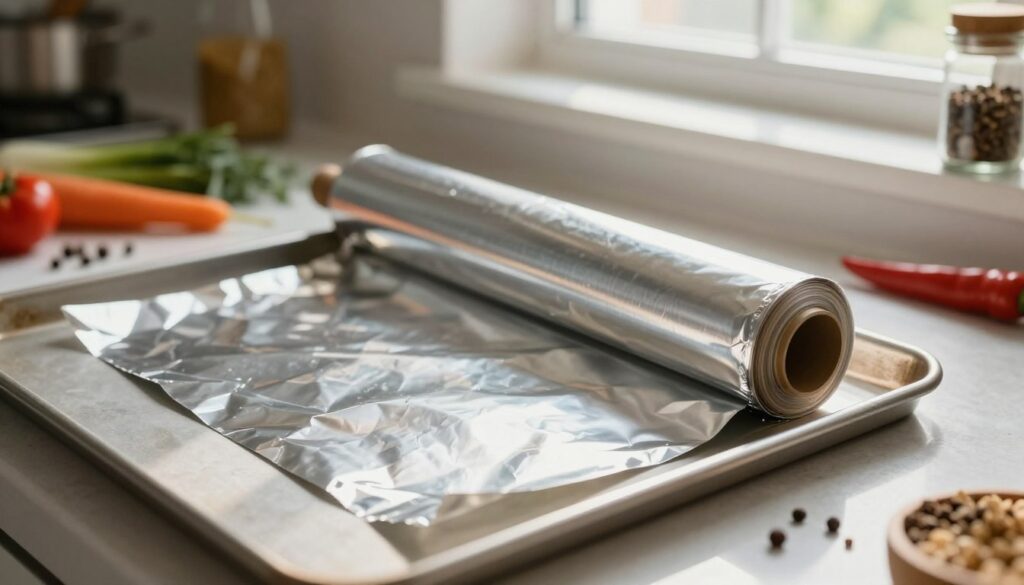 A close-up image focusing on a roll of shiny aluminum foil unrolling onto a kitchen counter, emphasizing its metallic sheen and texture. The foil should be partially draped over a baking sheet, showcasing how it can replace parchment paper. Surrounding the foil, ingredients like fresh vegetables and spices should be artistically arranged, representing a versatile cooking setting. Soft, natural light enters from a nearby window, casting gentle shadows that highlight the contours of the foil and baking sheet. In the background, a blurred kitchen scene with baking utensils and spices adds depth, creating a cozy and inviting atmosphere, ideal for culinary exploration. The mood should be practical and informative, reflecting the theme of alternative baking solutions.
