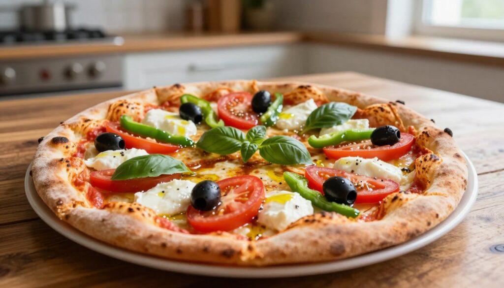 A close-up image of a delicious pizza Kizo, beautifully arranged on a rustic wooden table. The pizza is topped with an enticing array of fresh ingredients: vibrant red tomato slices, creamy mozzarella cheese, green bell peppers, black olives, and fragrant basil leaves, all glistening with a drizzle of olive oil. In the background, a softly blurred Italian kitchen setting with warm lighting creates an inviting atmosphere. The image captures the textures of the pizza, showcasing the golden crust with bubbles and slight char. The scene is bathed in natural light filtering through a window, enhancing the colors and giving a fresh and appetizing feel. The angle is slightly elevated to focus on the pizza's toppings, emphasizing its appeal and nutritional aspects. A close-up image of a delicious pizza Kizo, beautifully arranged on a rustic wooden table. The pizza is topped with an enticing array of fresh ingredients: vibrant red tomato slices, creamy mozzarella cheese, green bell peppers, black olives, and fragrant basil leaves, all glistening with a drizzle of olive oil. In the background, a softly blurred Italian kitchen setting with warm lighting creates an inviting atmosphere. The image captures the textures of the pizza, showcasing the golden crust with bubbles and slight char. The scene is bathed in natural light filtering through a window, enhancing the colors and giving a fresh and appetizing feel. The angle is slightly elevated to focus on the pizza's toppings, emphasizing its appeal and nutritional aspects.