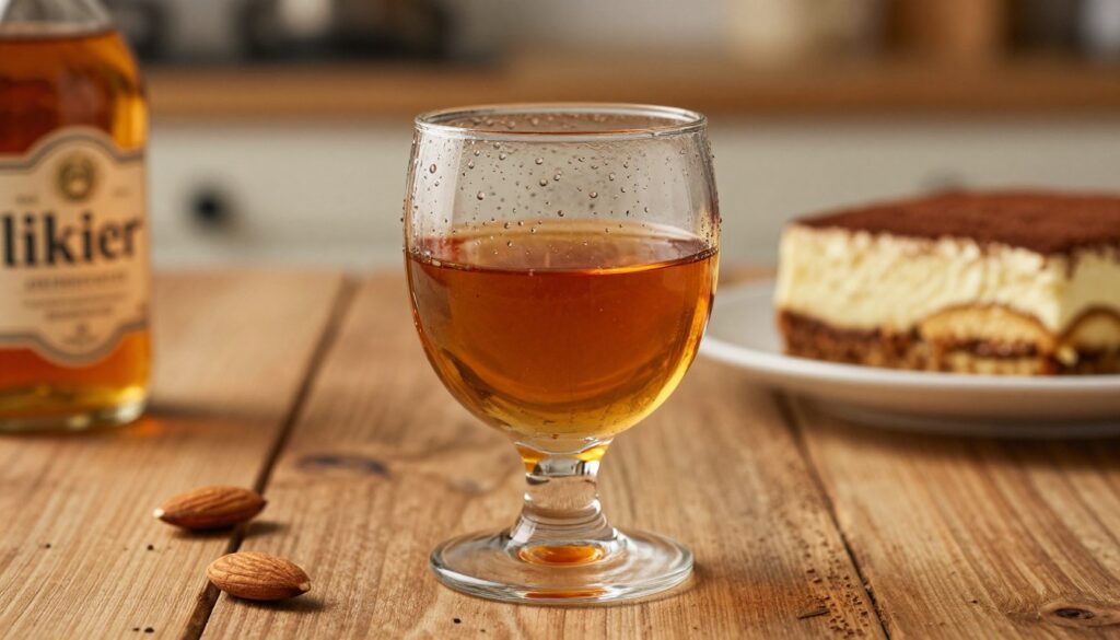 A close-up image of an elegant glass of likier, showcasing its rich amber color and inviting sheen, placed on a rustic wooden table. In the foreground, the glass is filled to the brim, with droplets of condensation glistening on the outside, capturing the warmth of soft, golden lighting. Beside the glass, a couple of whole almonds and a small elegant bottle label reading "likier" partially in view. In the background, a blurred scene of a cozy kitchen with warm tones, featuring a vintage tiramisu dessert on a plate, lending an inviting atmosphere and emphasizing the connection to dessert. The image should evoke a sense of indulgence and warmth, perfect for a culinary-focused section.