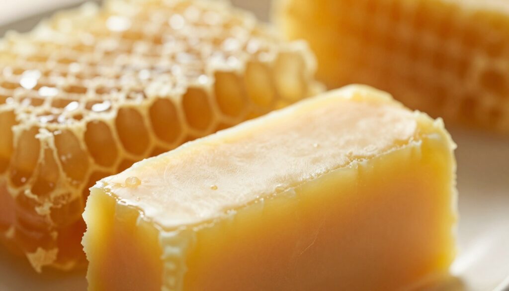 A close-up image of beeswax, showcasing its natural color and texture. In the foreground, depict a piece of golden-yellow beeswax with a smooth, glossy surface and slightly translucent edges, revealing its organic structure. In the middle ground, incorporate a honeycomb structure partially melted, emphasizing its soft, warm consistency. The background should be softly blurred, featuring a warm, golden light reminiscent of sunlight filtering through a beehive, creating a natural and inviting atmosphere. The overall mood should evoke feelings of warmth and nature, with an emphasis on the luxurious quality of the beeswax. Ensure an appropriate angle that highlights the wax's sheen and color depth, creating visual interest without distractions. No text or watermarks should be present.