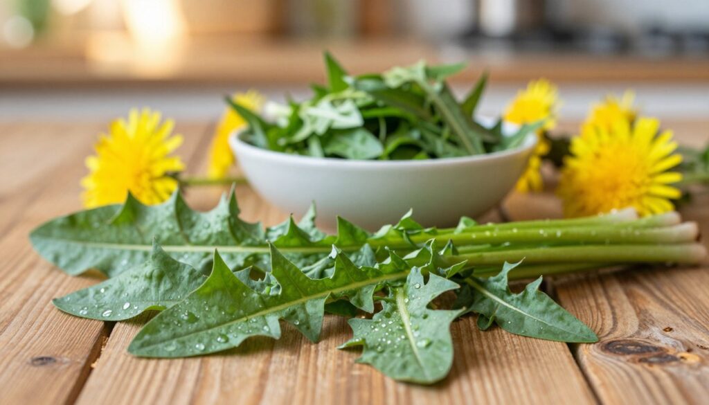 A close-up image of vibrant dandelion leaves (liście mniszka) delicately arranged on a rustic wooden table. The foreground features fresh, lush green dandelion leaves with subtle water droplets, showcasing their texture and vibrancy. In the middle ground, a small bowl of dandelion leaves prepared for cooking, highlighting their culinary potential, surrounded by a few bright yellow dandelion flowers. The background is softly blurred, with warm sunlight filtering through, creating a cozy kitchen atmosphere. The scene should evoke a sense of freshness and natural beauty, emphasizing the edible aspect of the dandelion plant. Use natural lighting to enhance the colors and details, focusing on an inviting and appetizing presentation. A close-up image of vibrant dandelion leaves (liście mniszka) delicately arranged on a rustic wooden table. The foreground features fresh, lush green dandelion leaves with subtle water droplets, showcasing their texture and vibrancy. In the middle ground, a small bowl of dandelion leaves prepared for cooking, highlighting their culinary potential, surrounded by a few bright yellow dandelion flowers. The background is softly blurred, with warm sunlight filtering through, creating a cozy kitchen atmosphere. The scene should evoke a sense of freshness and natural beauty, emphasizing the edible aspect of the dandelion plant. Use natural lighting to enhance the colors and details, focusing on an inviting and appetizing presentation.