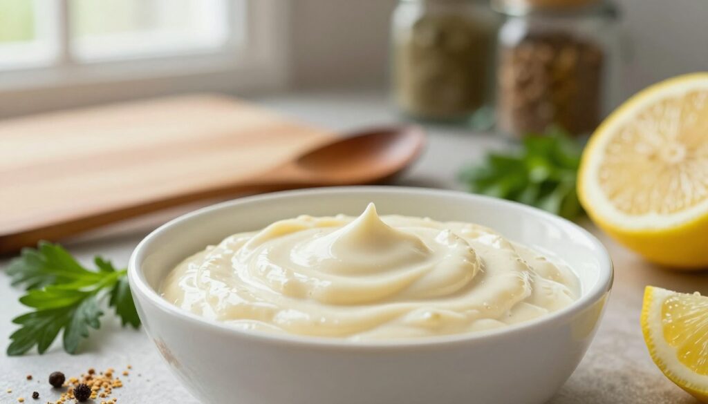 A close-up image showcasing the essence of acidity and consistency in sauces. In the foreground, a smooth, creamy sauce is artistically swirled in a white ceramic bowl, highlighting its velvety texture. Surrounding the bowl, vibrant ingredients such as fresh herbs, slices of lemon, and a sprinkle of spices add color and contrast to the scene. In the middle ground, a wooden spoon rests beside the bowl, subtly reflecting the light. The background features blurred kitchen elements, such as a cutting board and ingredient jars, to provide context. Soft, natural lighting filters through a window, creating a warm and inviting atmosphere that evokes culinary creativity. The overall composition should convey a sense of sophistication and ease in cooking.