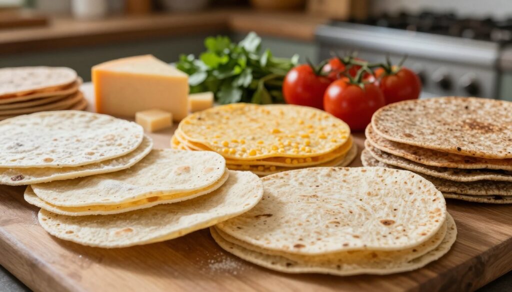 A close-up of a beautifully arranged display of various types of tortillas for pizza making, including flour, corn, and whole wheat options. In the foreground, highlight a stack of different tortillas with varying thicknesses, showcasing their textures and colors. In the middle, feature ingredients like cheese, tomatoes, and herbs, emphasizing their freshness and vibrant colors. In the background, softly blurred, suggest a rustic kitchen setting with warm lighting, evoking a cozy cooking atmosphere. The image should capture a sense of inviting warmth and culinary creativity, with natural light illuminating the tortillas, creating soft shadows, and a depth of field that focuses on the front tortillas while subtly fading the background.