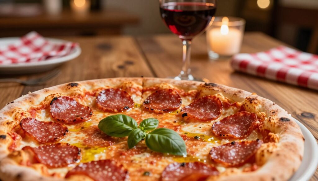 A close-up of a delicious pizza pepperoni, featuring a golden-brown crust topped with a generous layer of vibrant red pepperoni slices, glistening with a hint of grease. In the foreground, a sprinkle of fresh basil and a drizzle of olive oil enhances the visual appeal. The middle ground includes a rustic wooden table with a glass of deep-red wine beside the pizza, showcasing the perfect pairing. In the background, warm, soft lighting creates a cozy, inviting atmosphere, with blurred out hints of Italian décor such as a checkered tablecloth and soft ambient candles. The scene evokes a sense of indulgence and warmth, ideal for a casual dinner or gathering.