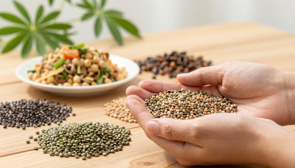 A close-up of a diverse assortment of lupin seeds on a wooden table, showcasing their unique textures and colors. In the foreground, a pair of hands gently examining the seeds, highlighting the care taken in food safety. The middle ground features a small plate with prepared lupin dishes, emphasizing their culinary potential and safety precautions. The background displays natural light filtering through soft-focus green leaves, creating a serene and wholesome atmosphere. The image captures a sense of caution and respect for food safety in the preparation of lupin, with an inviting yet informative mood. Use a soft focus for the background and a clearer focus on the seeds and hands, evoking trust and awareness in food consumption practices.