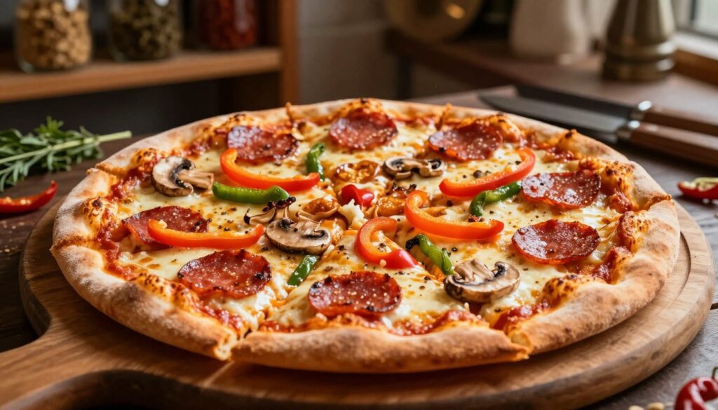 A close-up of a freshly baked 30 cm pizza on a wooden cutting board, showcasing an array of popular toppings like pepperoni, mushrooms, and bell peppers. The pizza is sliced into even wedges, with cheese melting and some toppings slightly glistening. In the background, a dimly lit rustic kitchen with wooden shelves filled with spices and herbs creates a cozy atmosphere. Soft, warm lighting enhances the details of the pizza's texture, emphasizing the golden crust and vibrant colors of the toppings. Capture the angle from slightly above to highlight the pizza’s fullness, evoking a mouth-watering appeal. The scene should feel inviting and appetizing, perfect for illustrating calorie comparisons. A close-up of a freshly baked 30 cm pizza on a wooden cutting board, showcasing an array of popular toppings like pepperoni, mushrooms, and bell peppers. The pizza is sliced into even wedges, with cheese melting and some toppings slightly glistening. In the background, a dimly lit rustic kitchen with wooden shelves filled with spices and herbs creates a cozy atmosphere. Soft, warm lighting enhances the details of the pizza's texture, emphasizing the golden crust and vibrant colors of the toppings. Capture the angle from slightly above to highlight the pizza’s fullness, evoking a mouth-watering appeal. The scene should feel inviting and appetizing, perfect for illustrating calorie comparisons.