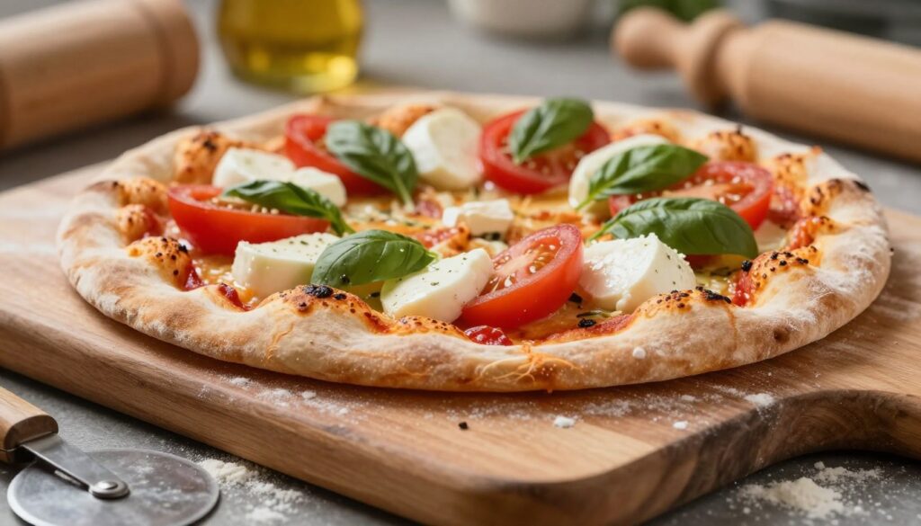 A close-up of a freshly baked thin pizza crust, showcasing its golden-brown, crispy texture, and slight bubbling. The foreground should feature a rustic wooden cutting board with a pizza cutter and scattered flour, emphasizing the artisanal aspect of the dough. In the middle ground, there should be a variety of colorful fresh toppings like tomatoes, basil, and mozzarella, artfully arranged on the pizza. The background should be blurred out to suggest a cozy kitchen ambiance, with soft, warm lighting illuminating the scene from above. The image should evoke a sense of homely comfort and culinary creativity, highlighting the thin crust as the star of the show, with an inviting and appetizing atmosphere. A close-up of a freshly baked thin pizza crust, showcasing its golden-brown, crispy texture, and slight bubbling. The foreground should feature a rustic wooden cutting board with a pizza cutter and scattered flour, emphasizing the artisanal aspect of the dough. In the middle ground, there should be a variety of colorful fresh toppings like tomatoes, basil, and mozzarella, artfully arranged on the pizza. The background should be blurred out to suggest a cozy kitchen ambiance, with soft, warm lighting illuminating the scene from above. The image should evoke a sense of homely comfort and culinary creativity, highlighting the thin crust as the star of the show, with an inviting and appetizing atmosphere.