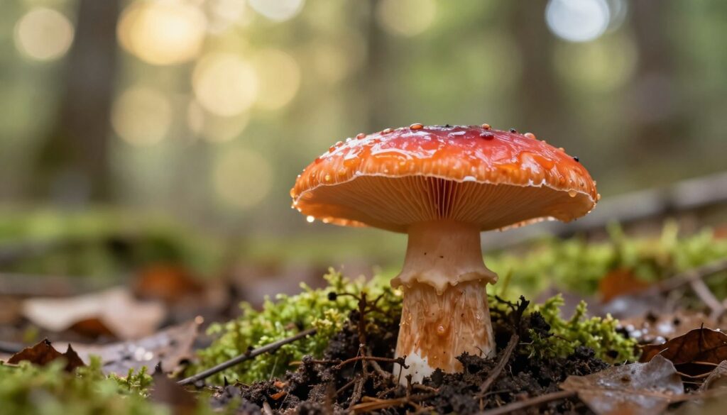 A close-up of a glistening, vibrant Hemiscyphus that highlights its unique orange-red cap and intricate gills. In the foreground, the mushroom is prominently displayed atop a bed of rich, dark soil, with bits of moss and fallen leaves surrounding it, hinting at its natural habitat. The middle ground features a blurred background of a tranquil, sun-dappled forest with soft, diffused sunlight filtering through the leaves, creating a warm and inviting atmosphere. The image captures the freshness and culinary appeal of the mushroom, emphasizing its texture and color. It should evoke a sense of discovery and appreciation for nature's bounty, with an overall mood of peaceful exploration. Use a shallow depth of field to keep the focus on the mushroom, with a soft bokeh effect in the background. A close-up of a glistening, vibrant Hemiscyphus that highlights its unique orange-red cap and intricate gills. In the foreground, the mushroom is prominently displayed atop a bed of rich, dark soil, with bits of moss and fallen leaves surrounding it, hinting at its natural habitat. The middle ground features a blurred background of a tranquil, sun-dappled forest with soft, diffused sunlight filtering through the leaves, creating a warm and inviting atmosphere. The image captures the freshness and culinary appeal of the mushroom, emphasizing its texture and color. It should evoke a sense of discovery and appreciation for nature's bounty, with an overall mood of peaceful exploration. Use a shallow depth of field to keep the focus on the mushroom, with a soft bokeh effect in the background.