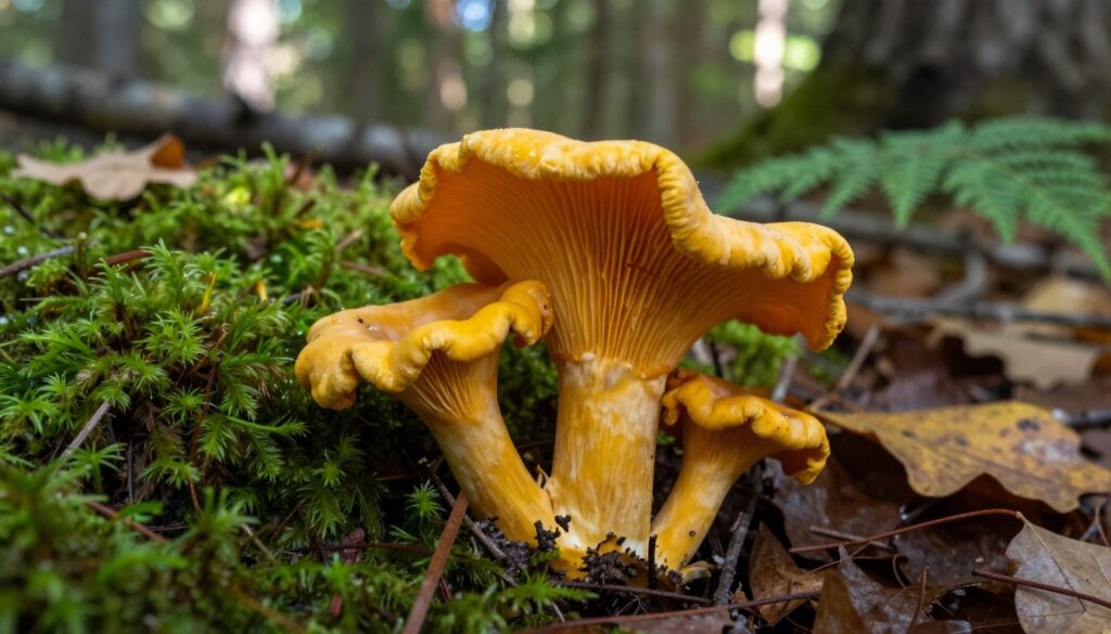 A close-up of a golden chanterelle mushroom, known as "suchogrzybek złotopory," with its distinctive wavy, golden-yellow cap and gills clearly visible. The mushroom stands on a rich, damp forest floor, surrounded by lush green moss and scattered autumn leaves. Soft, dappled sunlight filters through the trees above, casting gentle shadows and illuminating the mushroom's texture, enhancing its vibrant colors. The background features blurred tree trunks and a hint of fern leaves, creating a natural woodland atmosphere. The entire scene conveys a sense of tranquility and discovery, inviting viewers to appreciate the beauty of this edible fungi in its natural habitat.