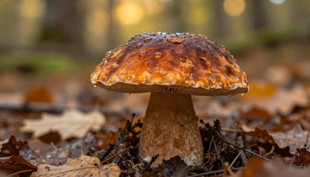 A close-up of a maślaka pstrego mushroom, showcasing its vibrant, mottled cap in shades of brown and orange. The mushroom has a soft, velvety texture, displaying dew droplets to suggest freshness. Surrounding the mushroom, a scattering of fallen leaves and forest floor debris captures the natural habitat. In the background, a softly blurred depiction of a sun-dappled forest glade enhances the earthy atmosphere. The lighting is warm and inviting, creating a sense of tranquility, as if it’s a serene autumn day. Use a macro lens perspective to focus on the intricate details of the mushroom’s surface, imparting a sense of depth and realism.