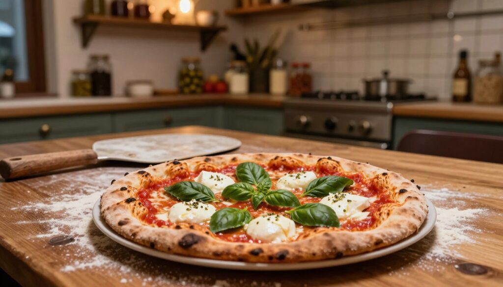 A close-up of a rustic Italian pizza with a thin, crispy crust, topped with rich tomato sauce, fresh mozzarella cheese melting over vibrant green basil leaves, and a sprinkle of oregano. In the foreground, the pizza is beautifully presented on a wooden table with flour scattered around, emphasizing the craftsmanship of traditional pizza-making. In the middle ground, a vintage pizza peel rests beside the pizza, showcasing its artisanal roots. The background features a cozy Italian kitchen with warm, ambient lighting, highlighting shelves filled with jars of ingredients like olives and spices. The atmosphere is inviting and nostalgic, evoking the traditional origins of pizza. The image should be shot with a shallow depth of field to focus on the pizza while softly blurring the kitchen details, creating a sense of warmth and history. A close-up of a rustic Italian pizza with a thin, crispy crust, topped with rich tomato sauce, fresh mozzarella cheese melting over vibrant green basil leaves, and a sprinkle of oregano. In the foreground, the pizza is beautifully presented on a wooden table with flour scattered around, emphasizing the craftsmanship of traditional pizza-making. In the middle ground, a vintage pizza peel rests beside the pizza, showcasing its artisanal roots. The background features a cozy Italian kitchen with warm, ambient lighting, highlighting shelves filled with jars of ingredients like olives and spices. The atmosphere is inviting and nostalgic, evoking the traditional origins of pizza. The image should be shot with a shallow depth of field to focus on the pizza while softly blurring the kitchen details, creating a sense of warmth and history.