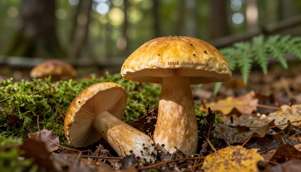 A close-up of a "smak złotoborowik" mushroom (Boletus auriporus) nestled among fallen autumn leaves and moss in a lush forest setting. The mushroom showcases its distinctive golden-yellow cap, smooth texture, and thick stem with a slight curvature. In the foreground, the details of the cap and pores are emphasized, showcasing their rich colors and textures. Soft, dappled sunlight filters through the canopy above, creating a warm, inviting atmosphere. In the middle ground, blurred hints of other wild mushrooms and ferns add depth to the scene. The background reveals gentle shadows of trees, enhancing the natural ambiance. The overall mood is serene and earthy, perfect for showcasing the culinary allure and nutritional value of this mushroom variety.