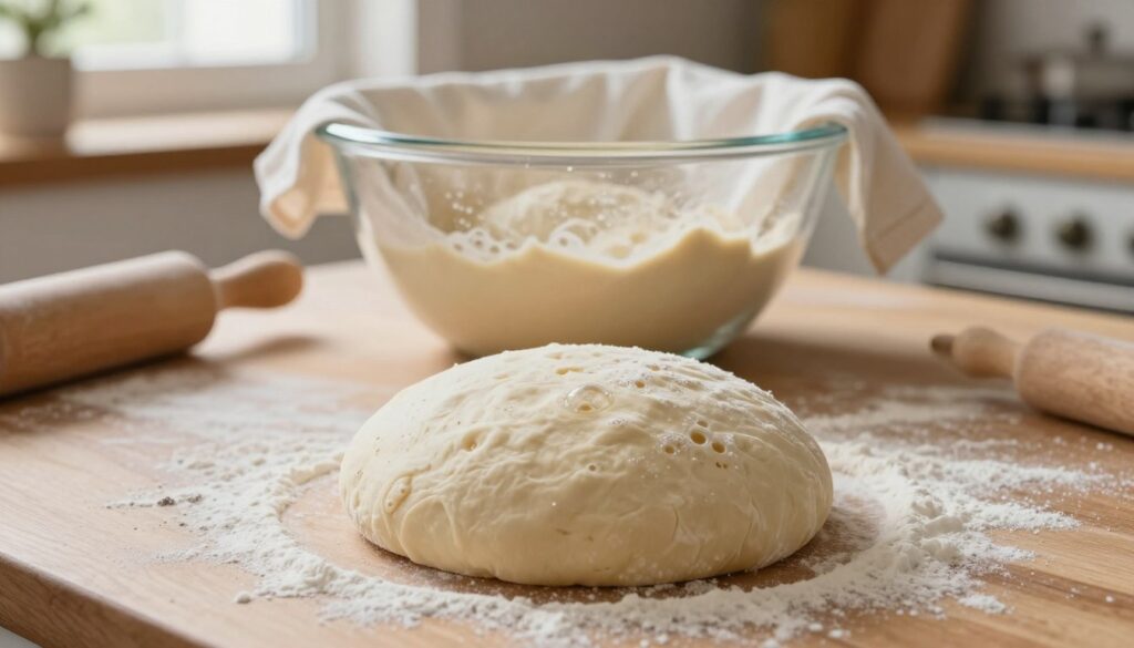 A close-up of pizza dough rising in a warm, cozy kitchen setting. In the foreground, a smooth, round ball of dough is placed on a floured wooden countertop, dusted lightly with flour. The dough is slightly puffy, showing its fermentation process. In the middle, a clear glass bowl containing the dough sits, covered with a damp cloth to maintain humidity. Bubbles and small cracks can be seen on the surface of the dough, indicating it's ready for the next step. The background features soft, natural lighting from a nearby window, illuminating the kitchen with a homey glow. A wooden rolling pin and scattered flour add a touch of authenticity, evoking a peaceful baking atmosphere. A close-up of pizza dough rising in a warm, cozy kitchen setting. In the foreground, a smooth, round ball of dough is placed on a floured wooden countertop, dusted lightly with flour. The dough is slightly puffy, showing its fermentation process. In the middle, a clear glass bowl containing the dough sits, covered with a damp cloth to maintain humidity. Bubbles and small cracks can be seen on the surface of the dough, indicating it's ready for the next step. The background features soft, natural lighting from a nearby window, illuminating the kitchen with a homey glow. A wooden rolling pin and scattered flour add a touch of authenticity, evoking a peaceful baking atmosphere.