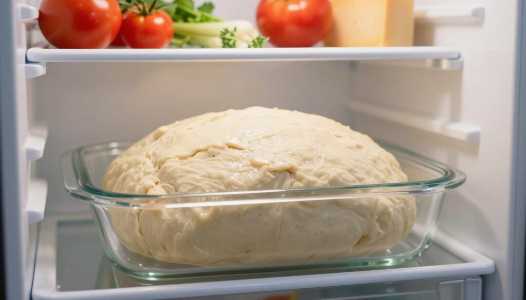 A close-up of pizza dough sitting in a refrigerator, clearly visible in a glass container. The dough is fluffy and slightly risen, showing its elastic texture, with a light sheen hinting at its freshness. The refrigerator interior is well-lit, with soft white lighting illuminating the dough, creating a sense of cleanliness and order. In the background, shelves filled with fresh ingredients like tomatoes, cheese, and herbs hint at the pizza-making process. The image captures a tranquil kitchen atmosphere, evoking a sense of anticipation for a delicious pizza. The focus is on the dough, showcasing its quality and the importance of proper storage. No text or captions are included. A close-up of pizza dough sitting in a refrigerator, clearly visible in a glass container. The dough is fluffy and slightly risen, showing its elastic texture, with a light sheen hinting at its freshness. The refrigerator interior is well-lit, with soft white lighting illuminating the dough, creating a sense of cleanliness and order. In the background, shelves filled with fresh ingredients like tomatoes, cheese, and herbs hint at the pizza-making process. The image captures a tranquil kitchen atmosphere, evoking a sense of anticipation for a delicious pizza. The focus is on the dough, showcasing its quality and the importance of proper storage. No text or captions are included.