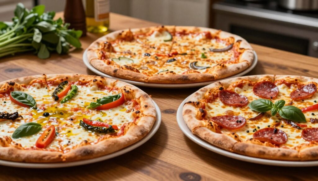 A close-up of three different types of 32 cm pizzas artfully arranged on a wooden table. On the left, a homemade pizza with a golden crust, topped with vibrant vegetables and melted cheese, drizzled with olive oil. In the center, a frozen pizza featuring a perfectly circular shape, with a glossy packaging design subtly in the background. On the right, a restaurant-style pizza, garnished with fresh basil and sliced pepperoni, placed on a white plate. Soft, warm lighting enhances the textures of the cheese and toppings, highlighting the contrasting styles of the pizzas. The background is a rustic kitchen setting with herbs and cooking utensils, creating a cozy and inviting atmosphere. A close-up of three different types of 32 cm pizzas artfully arranged on a wooden table. On the left, a homemade pizza with a golden crust, topped with vibrant vegetables and melted cheese, drizzled with olive oil. In the center, a frozen pizza featuring a perfectly circular shape, with a glossy packaging design subtly in the background. On the right, a restaurant-style pizza, garnished with fresh basil and sliced pepperoni, placed on a white plate. Soft, warm lighting enhances the textures of the cheese and toppings, highlighting the contrasting styles of the pizzas. The background is a rustic kitchen setting with herbs and cooking utensils, creating a cozy and inviting atmosphere.