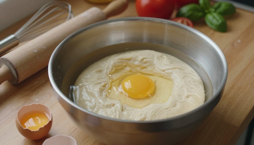 A close-up shot featuring a wooden countertop with a mixing bowl containing a smooth, pale dough, emphasizing the ingredients of water and egg as the core components of a yeast-free pizza crust. Surround the bowl with rustic kitchen utensils like a whisk and a rolling pin, alongside a cracked egg for added detail. Soft, ambient lighting creates a warm kitchen atmosphere, highlighting the texture of the dough and the delicate sheen of the egg. In the background, a faint outline of fresh vegetables like tomatoes and basil suggests potential toppings, creating a cozy and inviting mood. Capture the composition from a slightly elevated angle to provide depth and showcase the preparation process.
