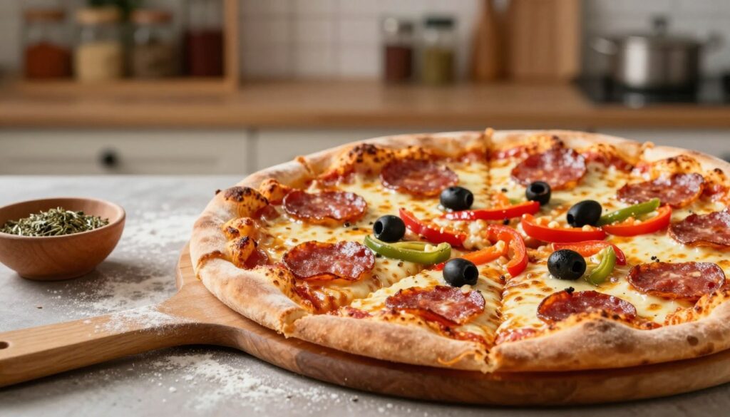 A close-up shot of a freshly baked pizza with a thick crust, showcasing its golden-brown edges and bubbling cheese. The pizza is cut into generous slices, revealing layers of toppings such as pepperoni, bell peppers, and olives. In the foreground, there is a wooden pizza peel, dusted with flour, resting beside a small bowl of aromatic herbs. The background features a rustic kitchen setting with soft, warm lighting, highlighting the freshness of the ingredients. A subtle depth of field creates a blurred effect on the shelves filled with spices and cooking utensils, drawing attention to the beautifully crafted pizza. The overall mood is inviting and homey, perfect for a cozy meal with friends. A close-up shot of a freshly baked pizza with a thick crust, showcasing its golden-brown edges and bubbling cheese. The pizza is cut into generous slices, revealing layers of toppings such as pepperoni, bell peppers, and olives. In the foreground, there is a wooden pizza peel, dusted with flour, resting beside a small bowl of aromatic herbs. The background features a rustic kitchen setting with soft, warm lighting, highlighting the freshness of the ingredients. A subtle depth of field creates a blurred effect on the shelves filled with spices and cooking utensils, drawing attention to the beautifully crafted pizza. The overall mood is inviting and homey, perfect for a cozy meal with friends.