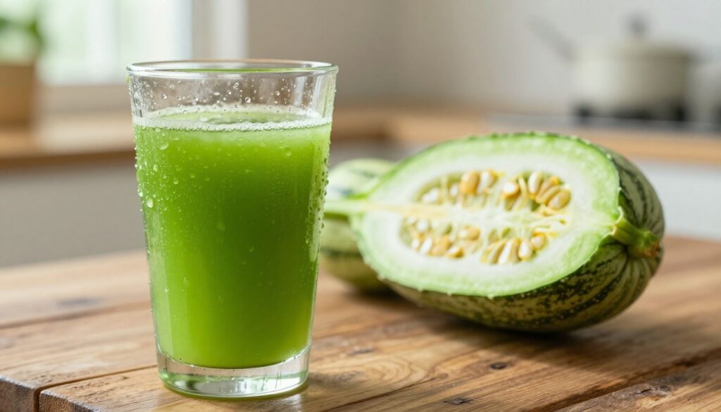 A close-up shot of a glass of freshly pressed raw juice made from a young gourd, showcasing its vibrant green color with a slight pulp texture. In the foreground, droplets of condensation glisten on the glass, emphasizing freshness. The middle ground features a raw gourd sliced open, revealing its fibrous interior and seeds, placed on a rustic wooden table. The background fades into a softly blurred kitchen setting with gentle natural light streaming through a window, creating a warm and inviting atmosphere. The mood conveys a sense of caution and curiosity about the safety of consuming raw gourd juice, capturing the essence of the topic effectively.