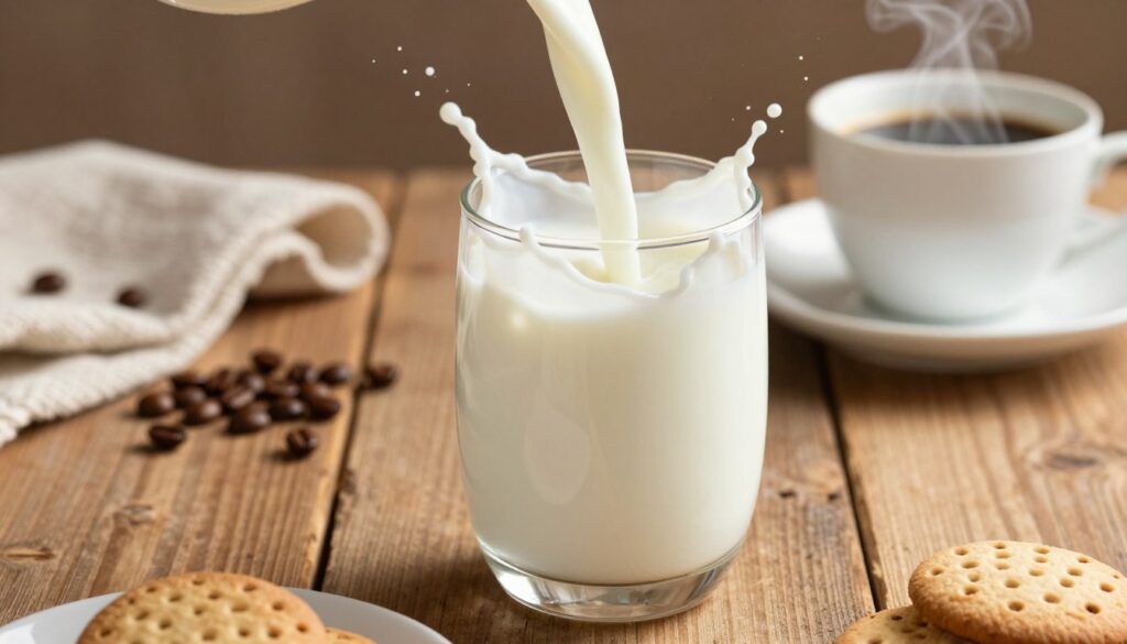 A close-up shot of a glass of lactose-free milk, placed elegantly on a rustic wooden table. The milk should be poured into the glass, capturing the creamy texture and smooth pour, with some milk splashes artistically arcing in the air. In the background, soft-focus coffee beans and a steaming cup of coffee can be seen, subtly hinting at the theme of milk alternatives for coffee lovers. Warm, natural lighting creates a cozy atmosphere with gentle shadows enhancing the scene. The overall mood should be inviting and appealing, emphasizing the comfort of milk in coffee without lactose. A softly textured cloth and a small plate of cookies can be included in the foreground to add to the setting. A close-up shot of a glass of lactose-free milk, placed elegantly on a rustic wooden table. The milk should be poured into the glass, capturing the creamy texture and smooth pour, with some milk splashes artistically arcing in the air. In the background, soft-focus coffee beans and a steaming cup of coffee can be seen, subtly hinting at the theme of milk alternatives for coffee lovers. Warm, natural lighting creates a cozy atmosphere with gentle shadows enhancing the scene. The overall mood should be inviting and appealing, emphasizing the comfort of milk in coffee without lactose. A softly textured cloth and a small plate of cookies can be included in the foreground to add to the setting.