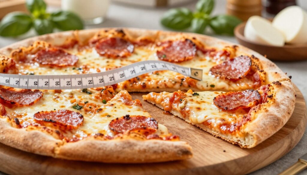 A close-up shot of a perfectly sliced pizza on a wooden cutting board, showcasing a vibrant margherita slice next to a pepperoni slice, emphasizing the differences in size and calorie density. The foreground features the crust's golden-brown texture with melted cheese glistening in soft, warm lighting. In the middle, a measuring tape gently drapes across the pizza to illustrate size, with slices cut at various angles displaying their appetizing toppings. The background is softly blurred, hinting at a cozy kitchen environment, with countertop ingredients like fresh basil and mozzarella. The mood is inviting and casual, perfect for a culinary article. The shot is taken with a shallow depth of field, highlighting the pizza while creating a warm ambiance.